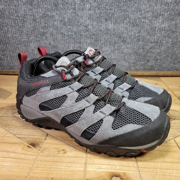 WIDE Merrell Alverstone Mens 9.5W Waterproof Hiking Shoes‎ Gray Suede Mesh Upper - Picture 1 of 11